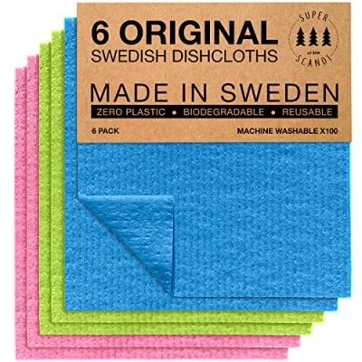 Image of SUPERSCANDI Made in Sweden Dish Cloths Eco Friendly Paper Alternative Assorted Colours 6 Pack Reusable Compostable Kitchen &amp; Rags
