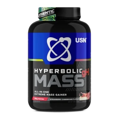 Image of USN Hyperbolic Mass Strawberry Cheesecake 2kg: High Calorie Gainer Protein Powder for Muscle Building and Weight Gain Improved Formula &amp; Flavour with 7.5g Creatine Monohydrate Less Sugar