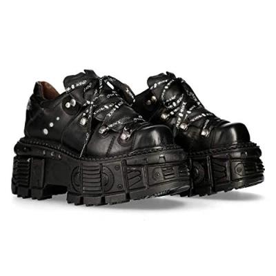 Image of New Rock M TANK120N Unisex Black 100% Leather Goth Platform Punk Metal Ankle Boots 37