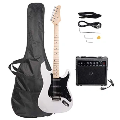 Image of Trayoz Full Size Electric Guitar Kit with 20Watt Amp, SSS Pickups Beginner Guitars W/All Accessories Strap, Gig Bag &amp; Cable (White)