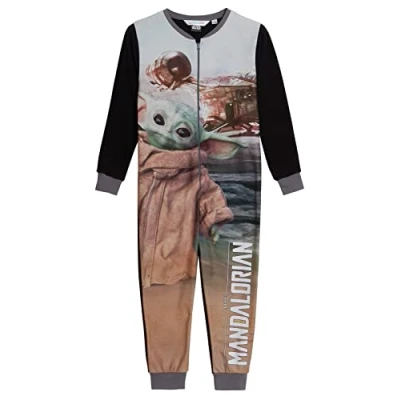 Image of The Mandalorian Onesie for Kids Baby Yoda Pyjamas Boys All in One Star Wars Fleece Pjs Nightwear Zipped Loungewear Grey