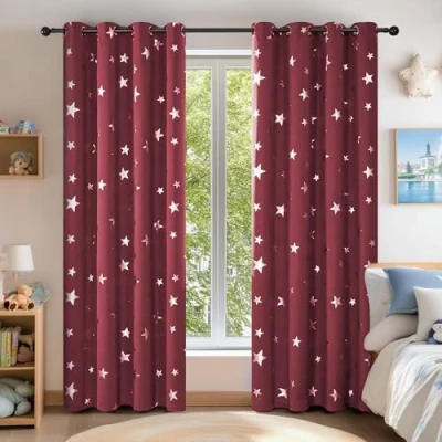 Image of Deconovo Set of 2 Blackout Curtains with Eyelets, Thermal Insulation, Anti Cold, Star Design, 132 x 160 cm, Red