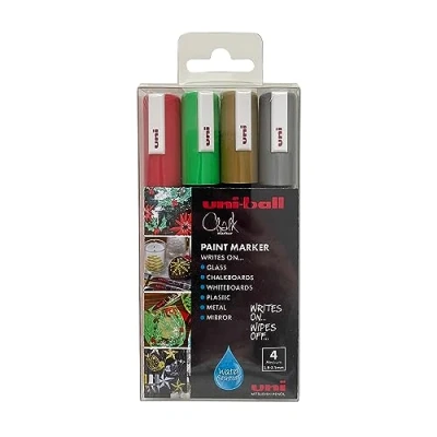 Image of uni ball PWE 5M Liquid Chalk Pens. Multi Purpose Wipeable Coloured Markers for Blackboards, Chalkboards, Whiteboards, Glass, Mirrors, Plastic, Windows, Metal. Christmas Tones. Bullet Tip 5mm. 4 Pack