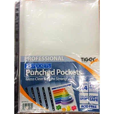 Image of Tiger A4 PROFESSIONAL strong transparent poly punched pockets x 25 sleeves/wallets 140 MICRON