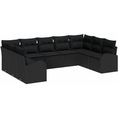 Image of vidaXL 9 Piece Garden Sofa Set with Cushions Black Poly Rattan