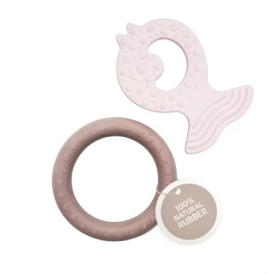 Image of HEVEA Kawan Teething Ring and Fish Teether for Babies 100% Natural Rubber Soothing Toys, BPA Free &amp; Vegan, Easy Grip Gums, 2 Pack (Powder Pink Tan Beige)