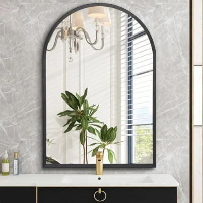 Image of HLFMVWE Arched Mirror, Wall 45 x 65CM Black Arch Metal Frame Bathroom Vanity Mirror for Living Room Bedroom Mantel Entryway Hallways