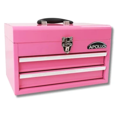 Image of Apollo Tools 14 Inch Steel Tool Box With Deep Top Compartment and 2 Drawers in Heavy Duty Ball Bearing Opening Powder Coated Finish Pink Ribbon DT5010P