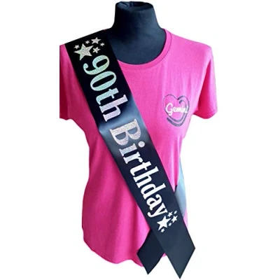 Image of Gemini Ribbons 90th Birthday Star Sash 90 Mens Womens Unisex Party Gift Decorations Black Silver Holographic