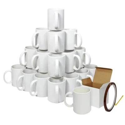 Image of Blank Sublimation Mugs 36 Pack White Ceramic Polymer Coated 11oz Large AAA Grade Cup with Handle &amp; Presentation Gift Boxes Heat Tape Roll 22m Long x 0.5cm Wide Tea Coffee Microwave Dishwasher Safe