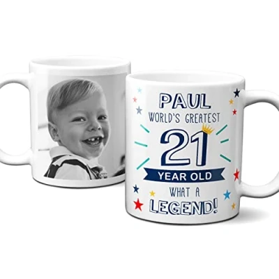 Image of Thoughtful Gifts Personalised World’s Greatest Age 21 Mug, 21st Birthday, Photo Mug for Year Old Man, Cup Gift Old. Add Name and