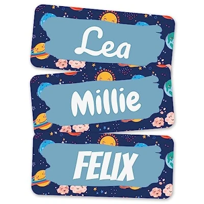 Image of melu kids® Name Labels for Clothes &amp; Items (50 Pieces) Personalised and Washable Kids Stickers, Stick on Tags (Space)
