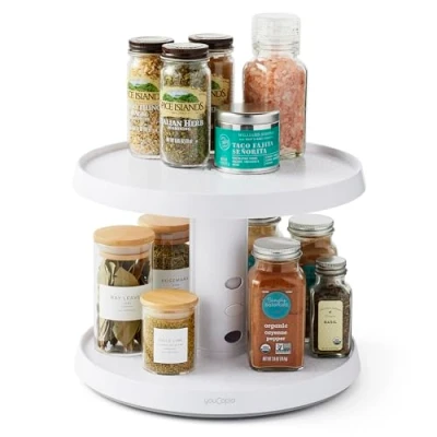 Image of YouCopia 2 Tier Height Adjustable Crazy Susan, Lazy Susan Turntable Organiser for Kitchen Cupboard and Pantry Storage