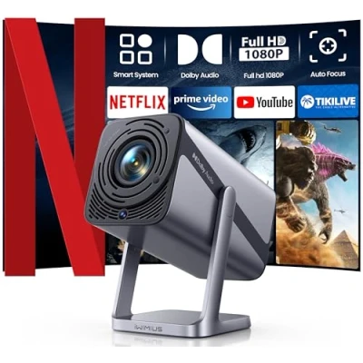 Image of 【Netflix Officially &amp; Dolby Audio】Projector, 22000 Lumen Smart FHD 1080P Portable Projector 4K Support, WiFi6 Bluetooth 50% Zoom 360 Rotatable Short Throw Projectors for Bedroom, Outdoor, Kid Gifts