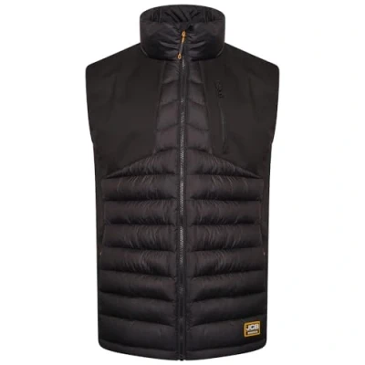 Image of JCB Trade Black Workwear Hybrid Padded Gilet Water Resistant Fabric Softshell Lining, Functional Pockets, Polyester Padding &amp; Full Front Zip Size M
