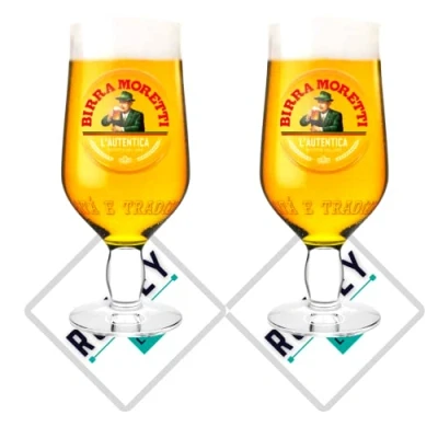Image of Roxley Moretti Pint Beer Glasses X2 Also Comes with Branded Mats Lager 56Cl Size Glass Man Cave Made in UK