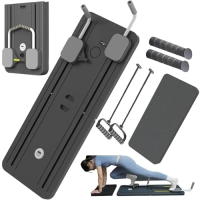Image of EFGETD Pilates Reformer Machine Board Set Ab Roller Exercise Wheel Automatic Rebound Foldable Abdominal Equipment with Resistance Rope and Timer(Black2)