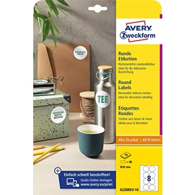Image of AVERY Zweckform 6228REV 10 Round Labels (80 Adhesive Dots, Diameter 69 mm on A4, Stickers for Printing, Removable without Residue/Removable, Self Jam Labels), Sheets, White