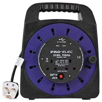 Image of Pro Elec PEL00806 10A 2 Gang Handbag Reel mains Extension with 2x USB Charging Ports, 25 m