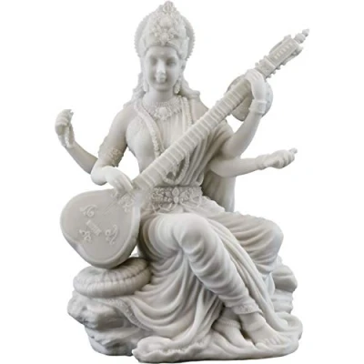 Image of Top Collection Saraswati Statue Hindu Goddess of Knowledge, Music &amp; Art Sculpture in White Marble Finish 5.75 Inch Figurine