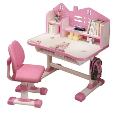 Image of gibxiyza Kids Desk and Chair Set Height Adjustable Children School Study Toddler Widened Desktop, Bookstand Storage Drawer for Boys Girls 2Pcs/Set Multi Pink