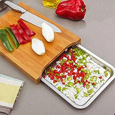Image of Greenfields Bamboo Wooden Chopping Board Cutting Slicing with Sliding Stainless Steel Tray