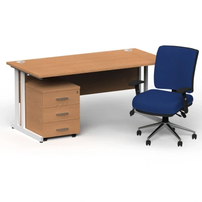Image of Impulse 1800 White Cant Desk Oak + 3 Dr Mobile Ped &amp; Chiro Blue