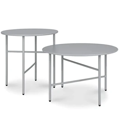 Image of bomoe 2 Piece Set Round Side Table Metal Grey Scratch Resistant Varying Height &amp; Diameter Sturdy Living Room Coffee Tables Lightweight Indoor Outdoor Garden Balcony Terrace Finn