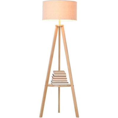 Image of HOMCOM Bedside Light Free Standing Floor Lamp Tripod Holder Storage Shelf Linen Shade