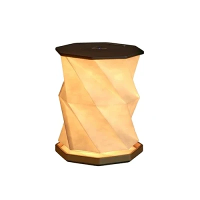Image of Gingko Twist Hexagon Lamp with Wooden Walnut and Black ABS Base Tyvek Paper, LED Lights, Touch Control Button, Dimmable Brightness, USB C Charging, Packed in Premium Gift Box (Black)