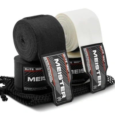 Image of Meister Elite 180&quot; Premium Adult Hand Wraps for MMA &amp; Boxing 2 Pair Pack w/Mesh Bag Black/Vintage Ivory