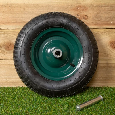 Image of Replacement 15&quot; x 3.4&quot; Pneumatic Heavy Duty Garden Wheelbarrow Wheel &amp; Axel In Green