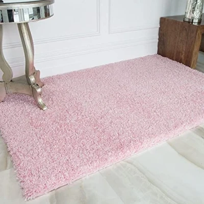 Image of Light Pink Blush Shaggy Fluffy Carpet Rug Soft Touch Non Shedding Dense Pile Bedroom Hallway Living Room Lounge Area Rugs 110cm x 160cm