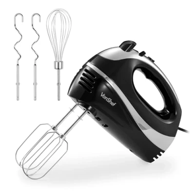 Image of VonShef Hand Mixer Electric Whisk Food for Baking with 5 Speeds, 300W, 2 Stainless Steel Beaters, Dough Hooks &amp; Balloon Whisk, Easy Clean, Turbo Boost, Eject Button, Compact Black