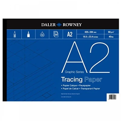 Image of Daler Rowney Graphic Series, Tracing Paper, Smooth Surface, 60 gsm, 40lb, Pad, Glued 1 Side, A2 16.5 x 23.4in 42 59.4 cm, 50 sheets
