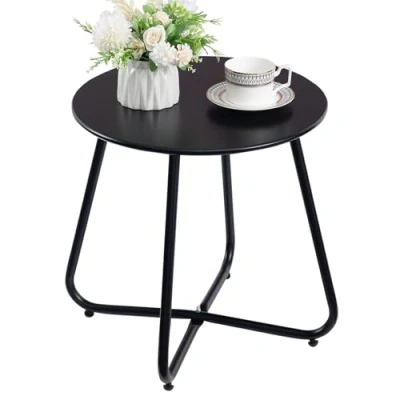 Image of HollyHOME Patio Side Table, Round Garden Table Small End Coffee Metal for Living Room Balcony Outdoor, Black