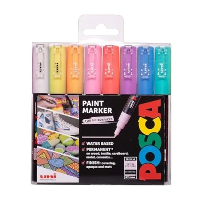 Image of POSCA PC 1M Water Based Permanent Marker Paint Pens. Premium Extra Fine Tip for Arts and Crafts. Multi Surface Use On Wood, Metal, Paper, Cardboard, Glass, Fabric, Ceramic &amp; Stone. Set of 8 Assorted