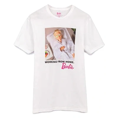 Image of Barbie Womens T Shirt White Working from Home Graphic Tee for Ladies Oversized Short Sleeve Doll Apparel Top Funny Pamper Spa Day Lightweight Tshirt Fashion Movie Daywear Gift Adults