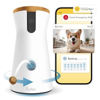 Image of Furbo 360 Dog Camera w/Home Safety Package [PREMIUM W/SUBSCRPITION] Smart Pet Monitor w/App for &amp; Home, Rotating View, Colour Night Vision, Auto Tracking, Treat toss, Barking, Alert