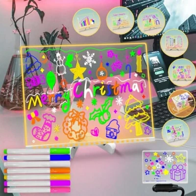 Image of Fanrui 11.8 X 7.9 Inch Acrylic LED Writing Message Board with Light,Glow Dry Erase 7 Pens,Memo Tablet Letter Note Doodle Whiteboard Stand,Gifts for Home Desk Office School