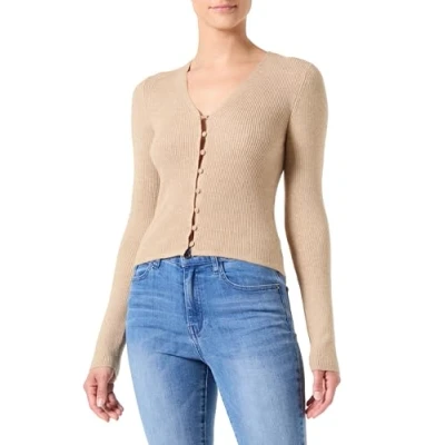 Image of VERO MODA Women&#039;s Vmgold Rib LS V neck button jumper Knitted, Nomad/detail: w. melange, XS