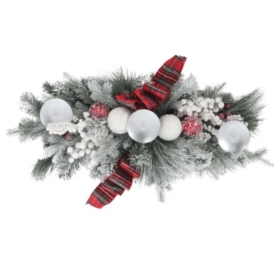 Image of Mr Crimbo Christmas Table Centrepiece, 80cm Snow Kissed Pine, Larch &amp; Fir with Red Tartan Ribbon, Baubles Snowberries, 3 Candle Holders, Festive Decor