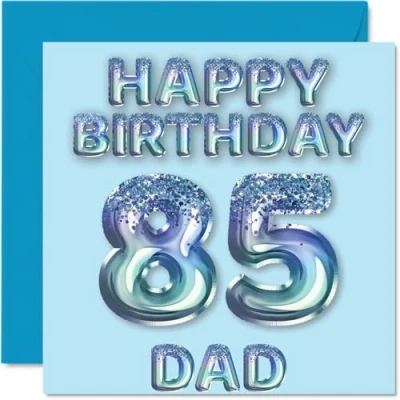 Image of 85th Birthday Card for Dad Blue Glitter Party Balloons Happy Cards 85 Year Old Father from Son Daughter, 145mm x Bday Greeting Gift