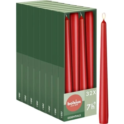 Image of Bolsius Smooth Taper Candles Red Pack of 32 Decorative Household Burning Time 7 Hours Unscented Contains Natural Plant Wax Without Palm Oil 24.5 cm
