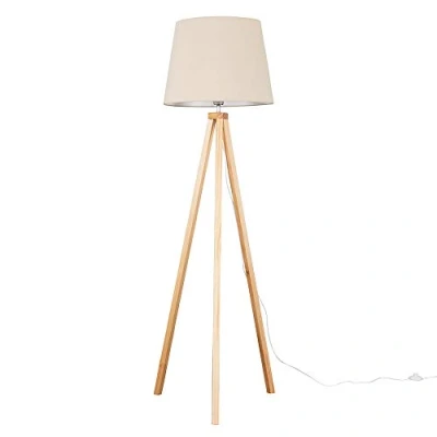Image of MiniSun Modern Light Wood Tripod Design Floor Lamp with a Beige Tapered Shade Complete 6w LED GLS Bulb [3000K Warm White]