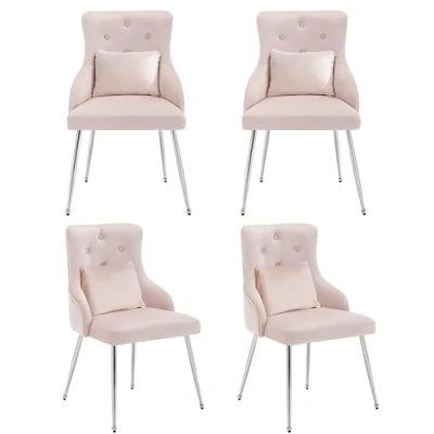 Image of Merax Dining Chairs Set of 4, Modern Upholstered Seat for Kitchen Living Room, Button Pattern Design with Metal Leg and Lumbar Cushion, Leisure Bedroom Vanity Armchair, Luxurious Velvet Fabric, Pink