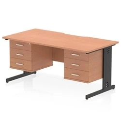Image of Impulse 1600 x 800mm Scalloped Edge Office Desk Beech Top Black Cable Managed Leg Workstation 2 3 Drawer Fixed Pedestal