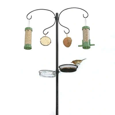 Image of Wild Bird Feeders Hanging Station Feeder Hanger with Four Hooks, Free Standing Metal Pole, Great for Gardens and Outdoor Use, Includes Water Bowl Feeding Tray (Black) (2.2m x 25mm) RSPB