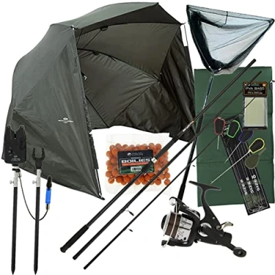 Image of Carp Fishing Rod and Reel Setup Bite Alarms Landing Net Pod &amp; Boilies Rigs Mat Bankstick Brolly Complete Set