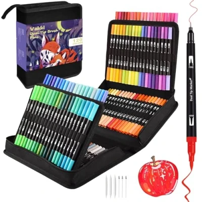 Image of VAKKI 120 Dual Tip Colouring Pens, Felt Brush Pens for Adults and Children, Drawing Art Painting, Writing, Drawing, Sketching